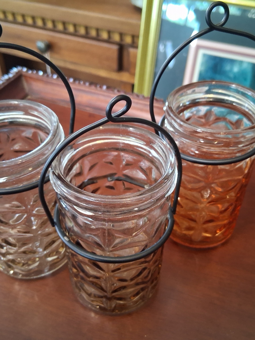 Set of 3 Textured Glass Votive Jars with Black Metal Handles